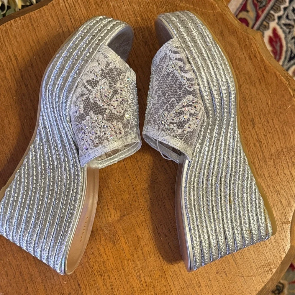 NWT Elegant LeSilla Silver with AB Crystals Women's Wedge Platform Sandals